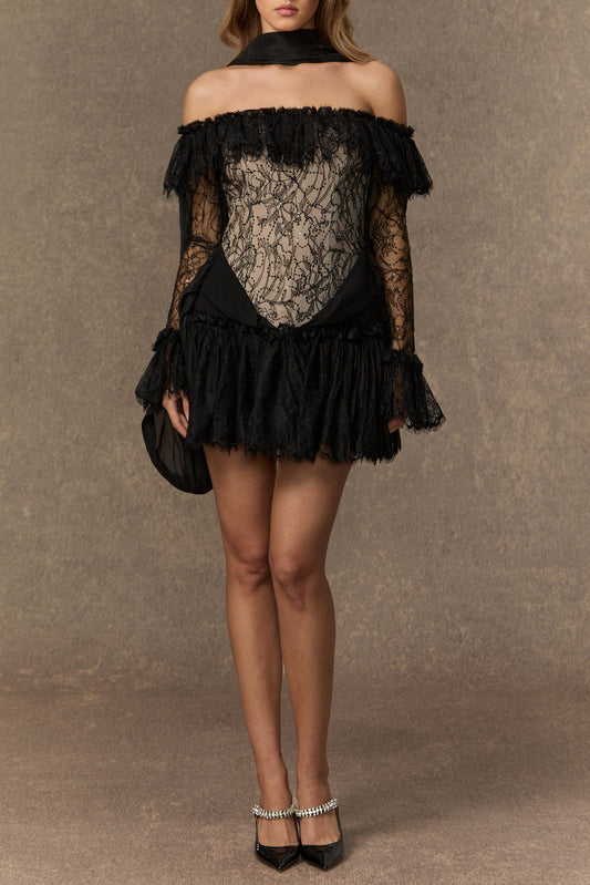 delia Black Off Shoulder Lace Corset Mini Dress