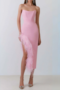 Flowering Girl Women Feather Trim Split Midi Dress In Bubblegum