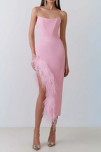 Flowering Girl Women Feather Trim Split Midi Dress In Bubblegum