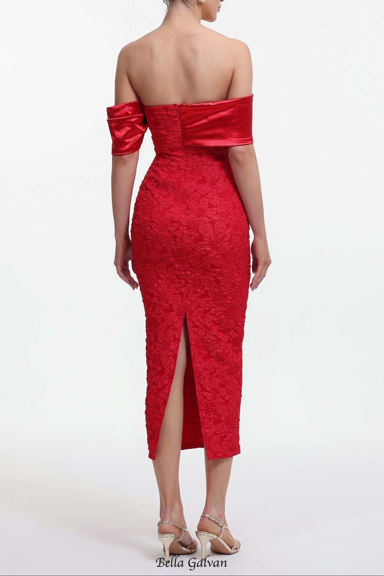polly Contour Off-Shoulder Jacquard Floral Maxi Dress - red