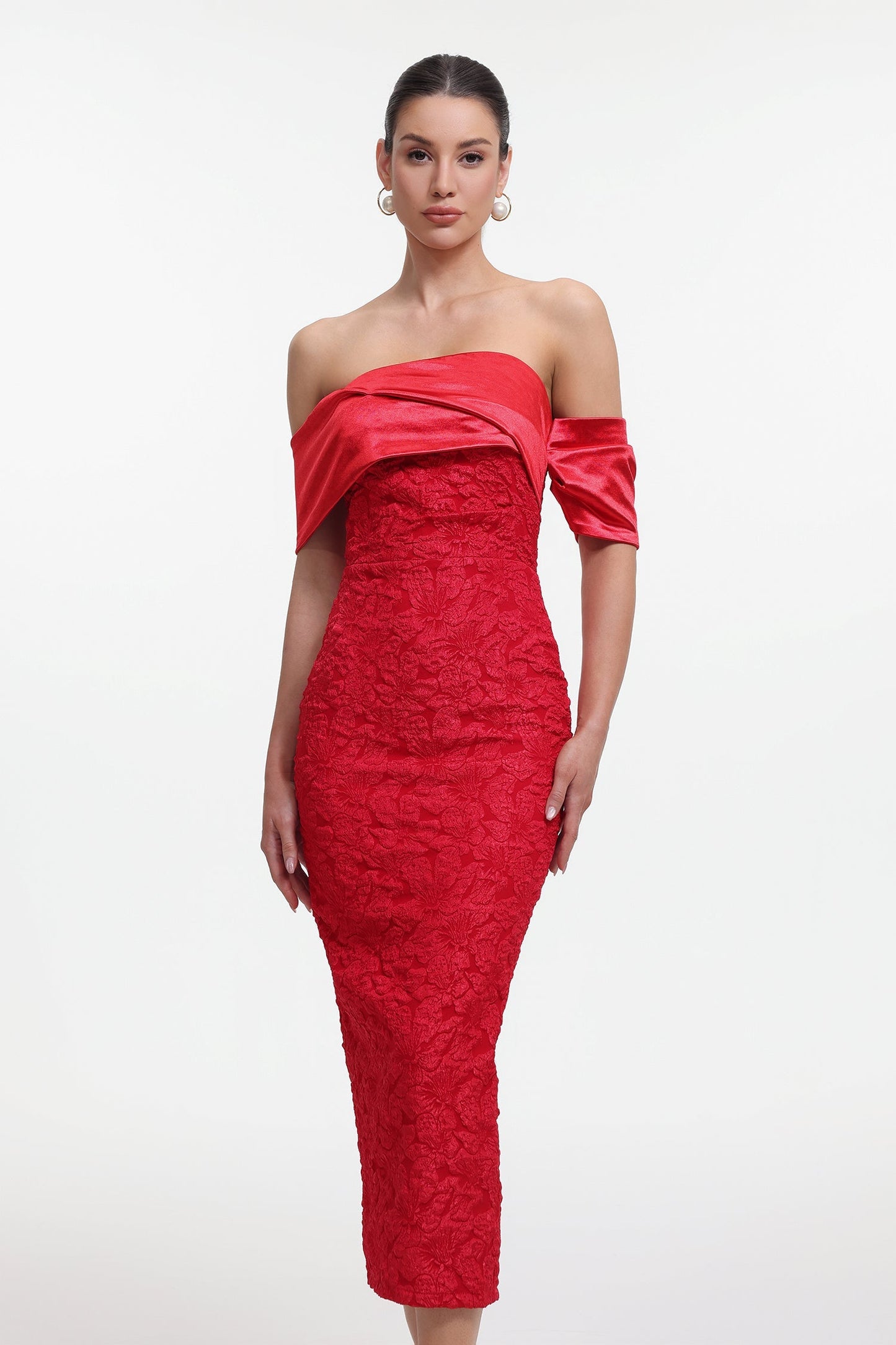 polly Contour Off-Shoulder Jacquard Floral Maxi Dress - red