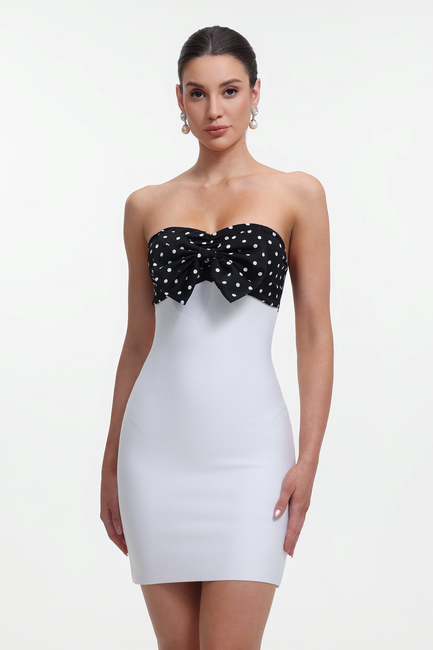 Flowering Girl Women Michaelia White Contour Sleeveless Polka Dot Contrast Bow Bandage Mini Dress