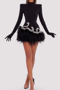 Black Velvet Feather Gloves Mini Dress