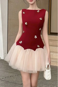 Flowering Girl Women Beryl 3D Flower Patchwork Tulle Mini Dress In Red