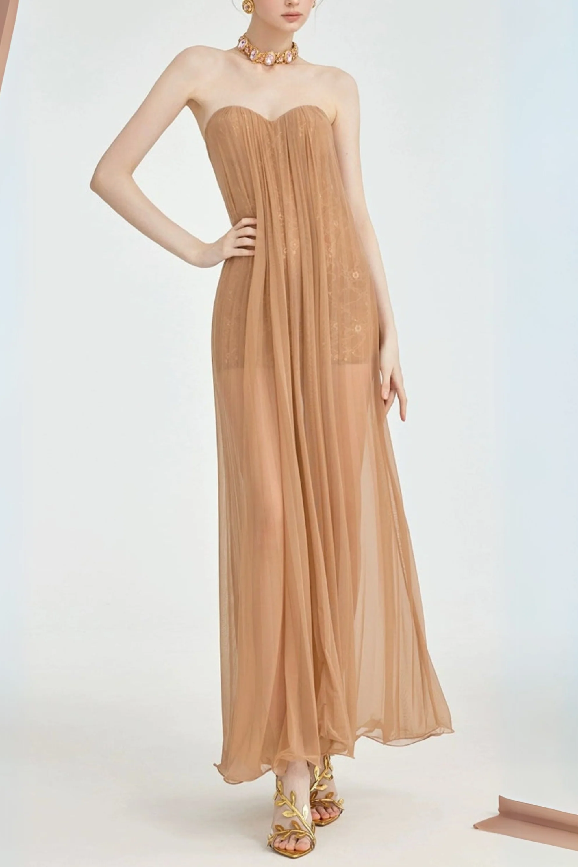 Flowering Girl Women Thea Strapless Mesh Backless Maxi Dress In Brown
