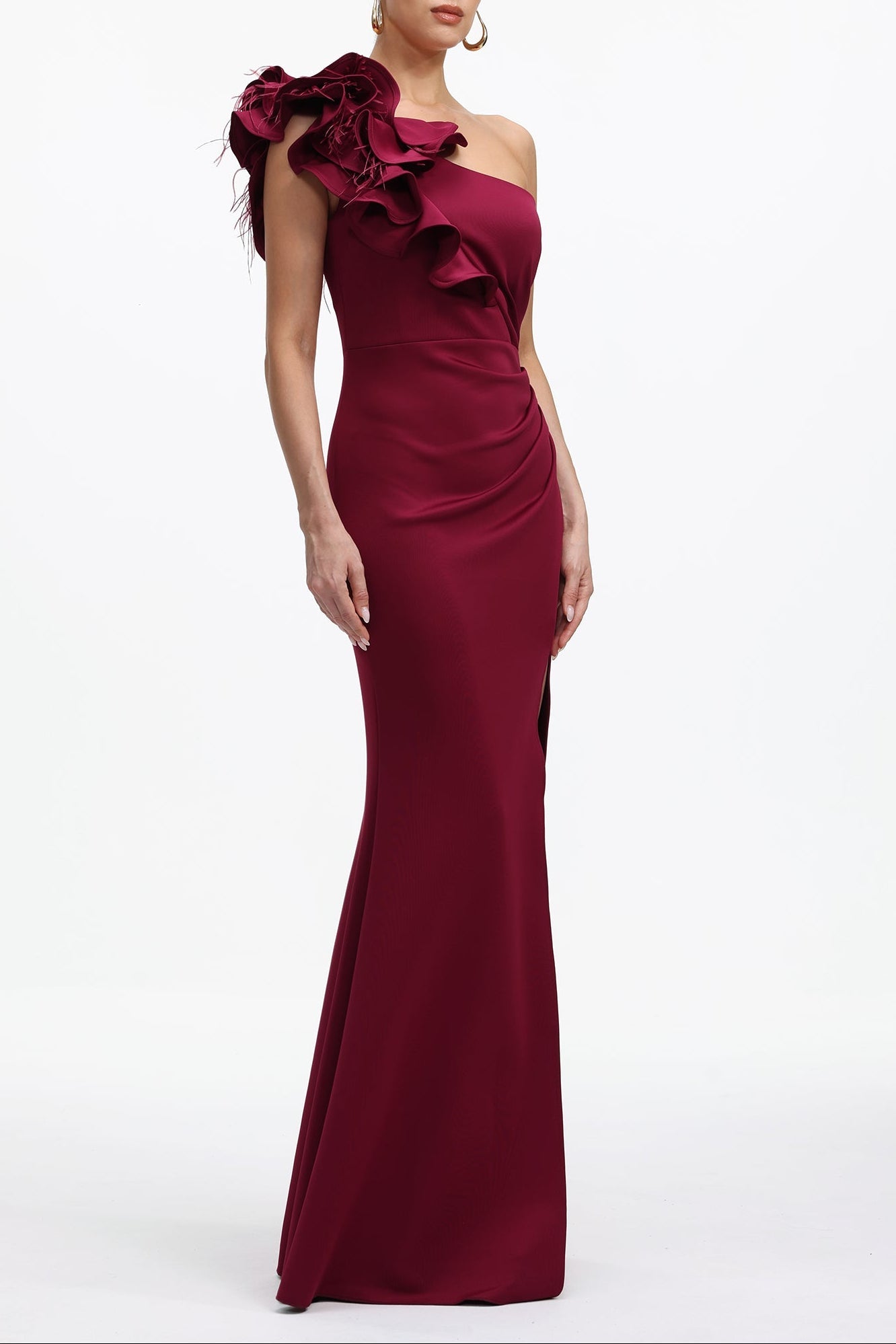 Mishell Romantic Contour One Shoulder Floral Pleated Maxi Dress