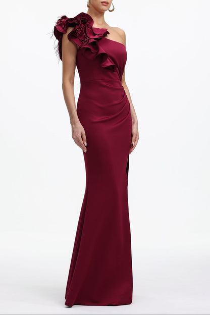 Mishell Romantic Contour One Shoulder Floral Pleated Maxi Dress
