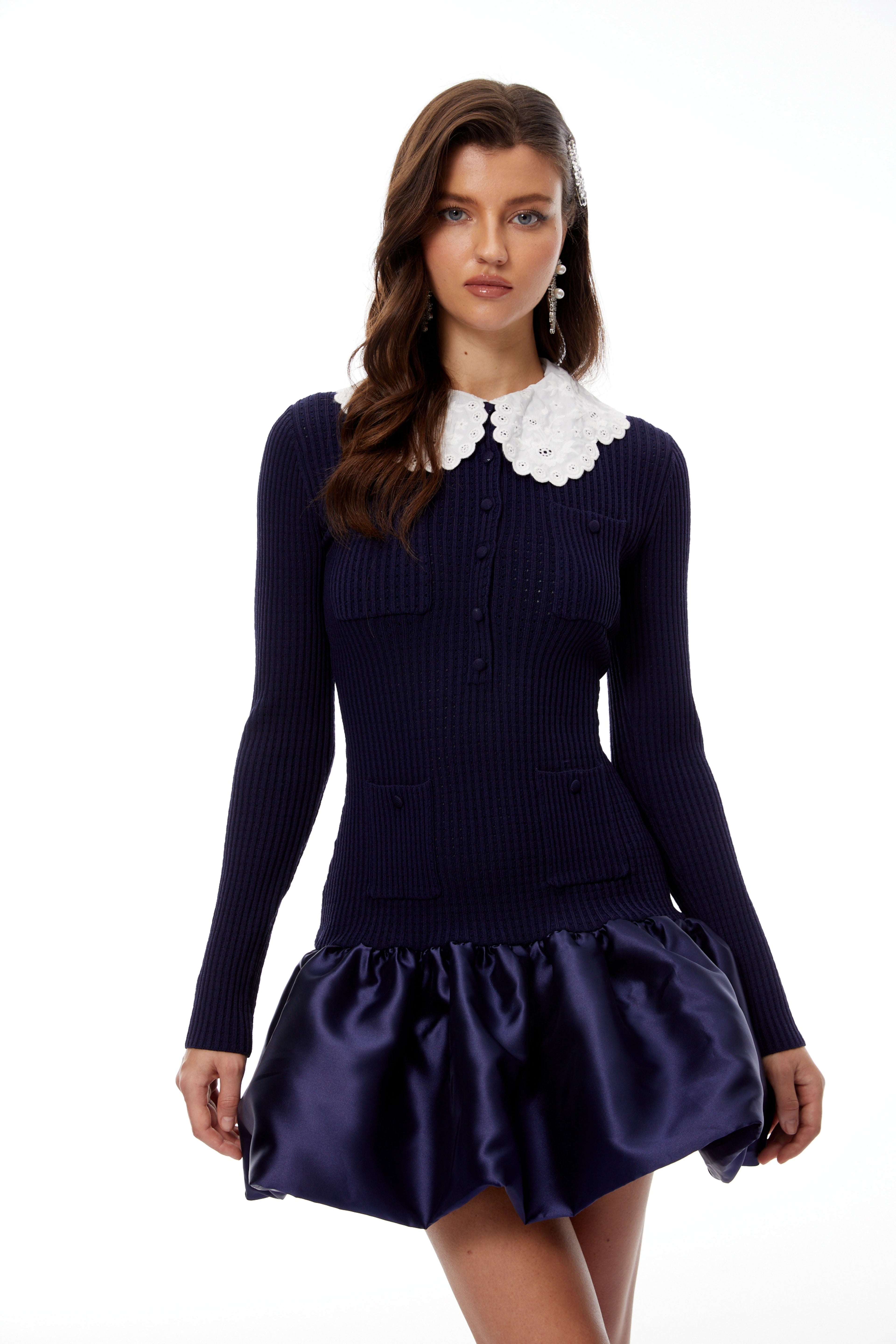 lorraine Navy Blue Satin Panel Knit Mini Dress