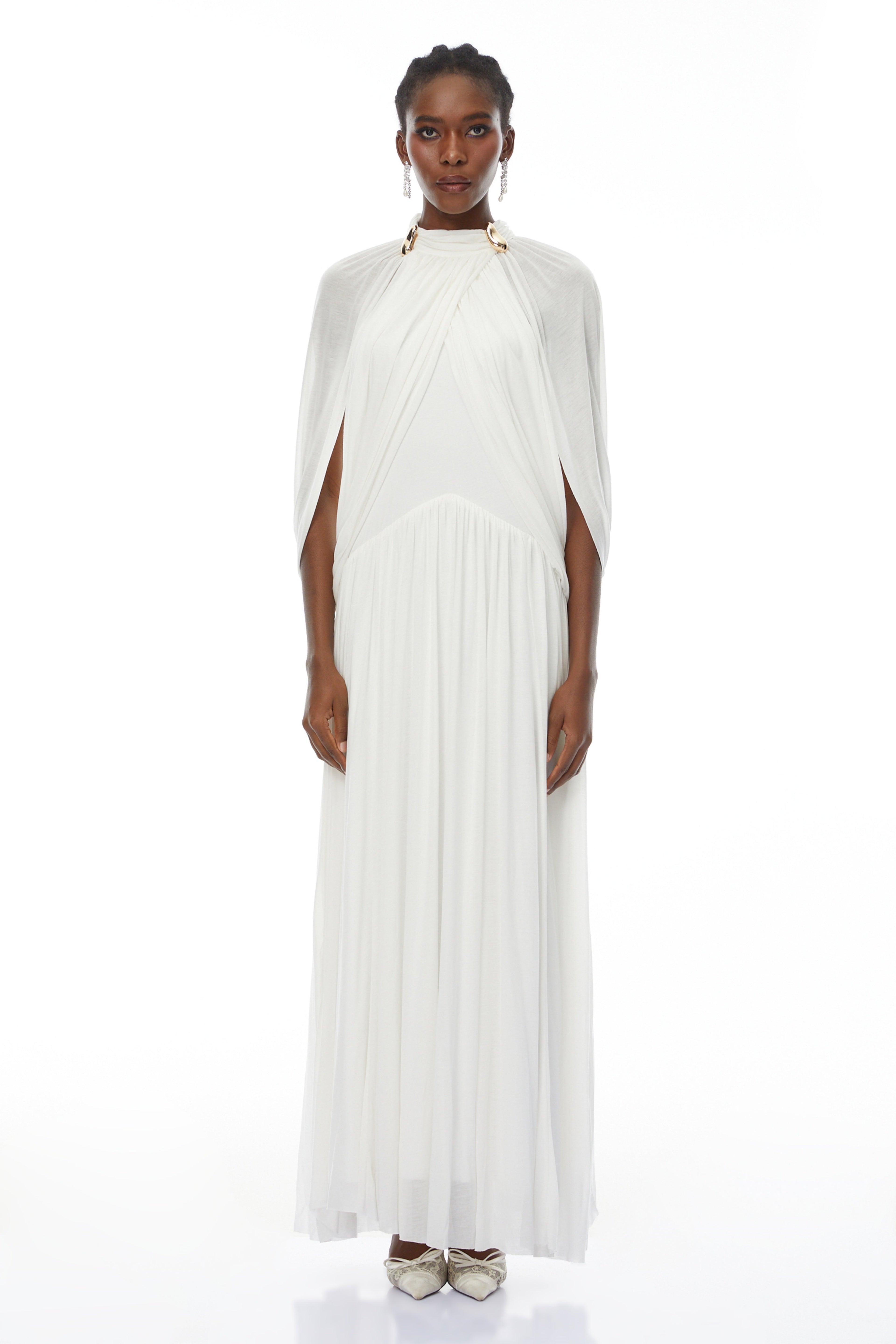 leona white Draped Cape Sleeve Knit Maxi Dress