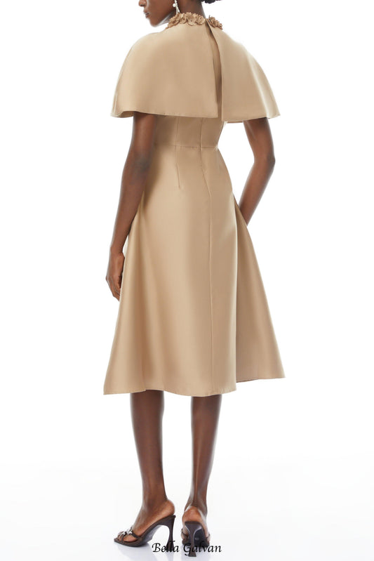 michelle Khaki Cape Satin Midi Dress