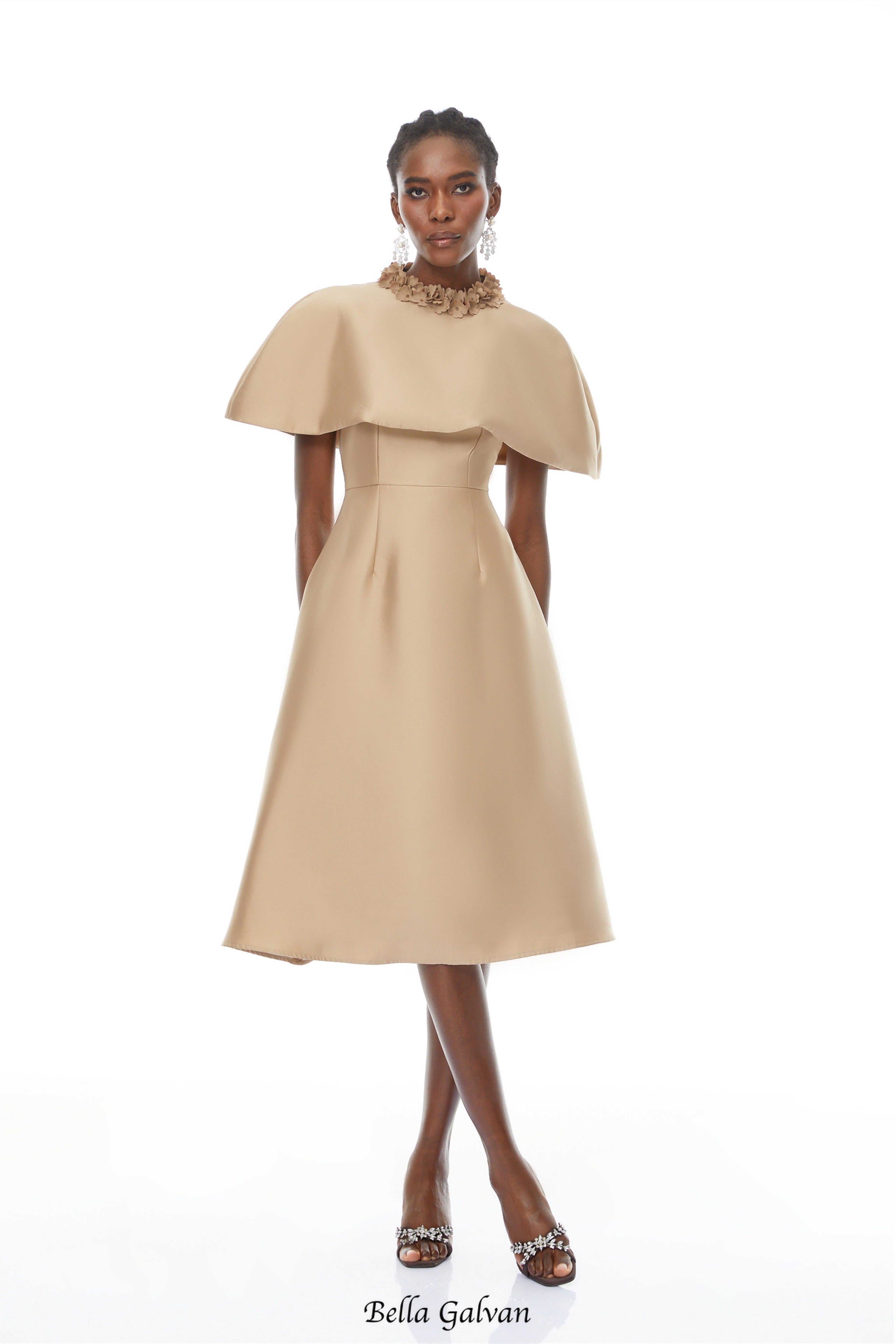 michelle Khaki Cape Satin Midi Dress