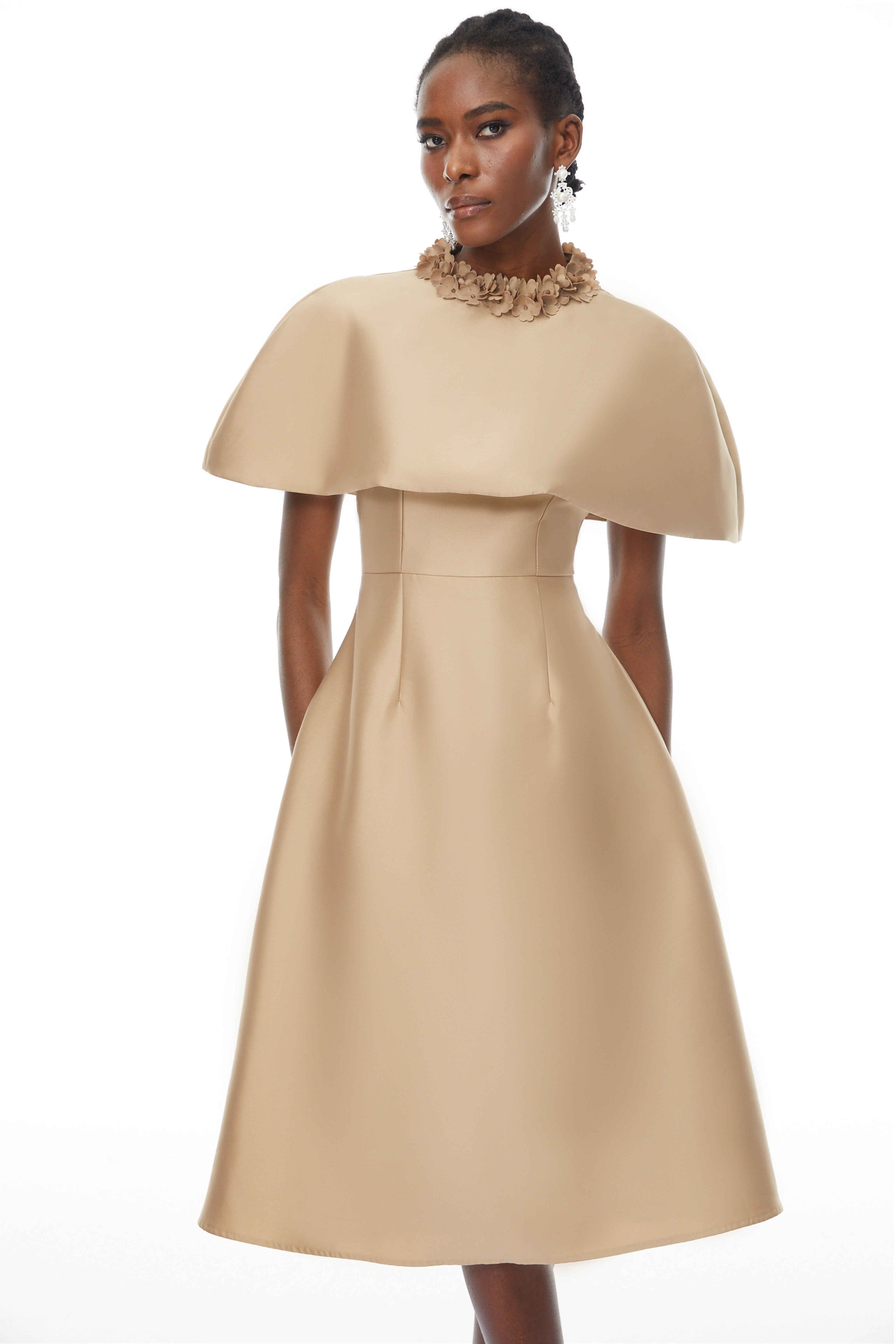 michelle Khaki Cape Satin Midi Dress