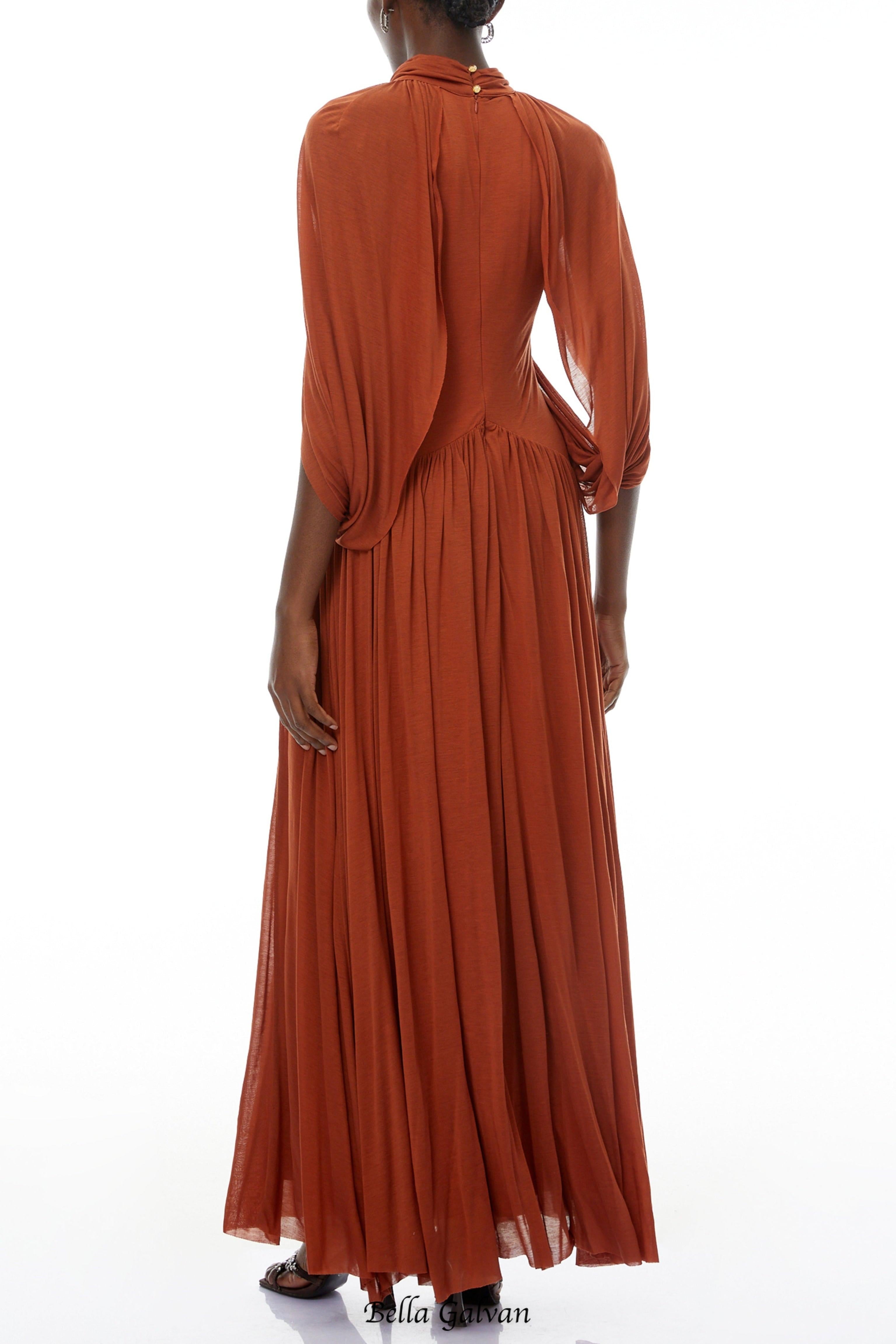 leona brown Draped Cape Sleeve Knit Maxi Dress