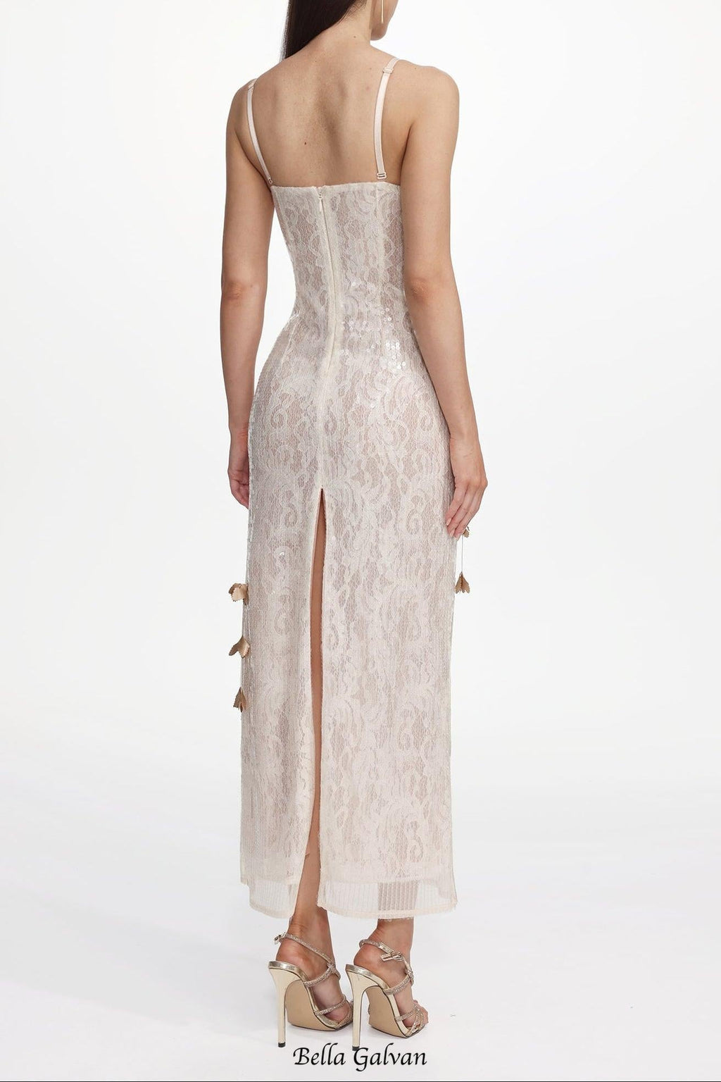 verna champagne Embellished Sleeveless Petal Sequin Lace Knit Maxi Dress