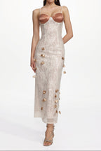 verna champagne Embellished Sleeveless Petal Sequin Lace Knit Maxi Dress
