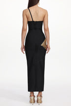Roanna One Shoulder Sleeveless Golden Tassels Bandage Maxi Dress