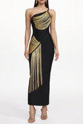 Roanna One Shoulder Sleeveless Golden Tassels Bandage Maxi Dress
