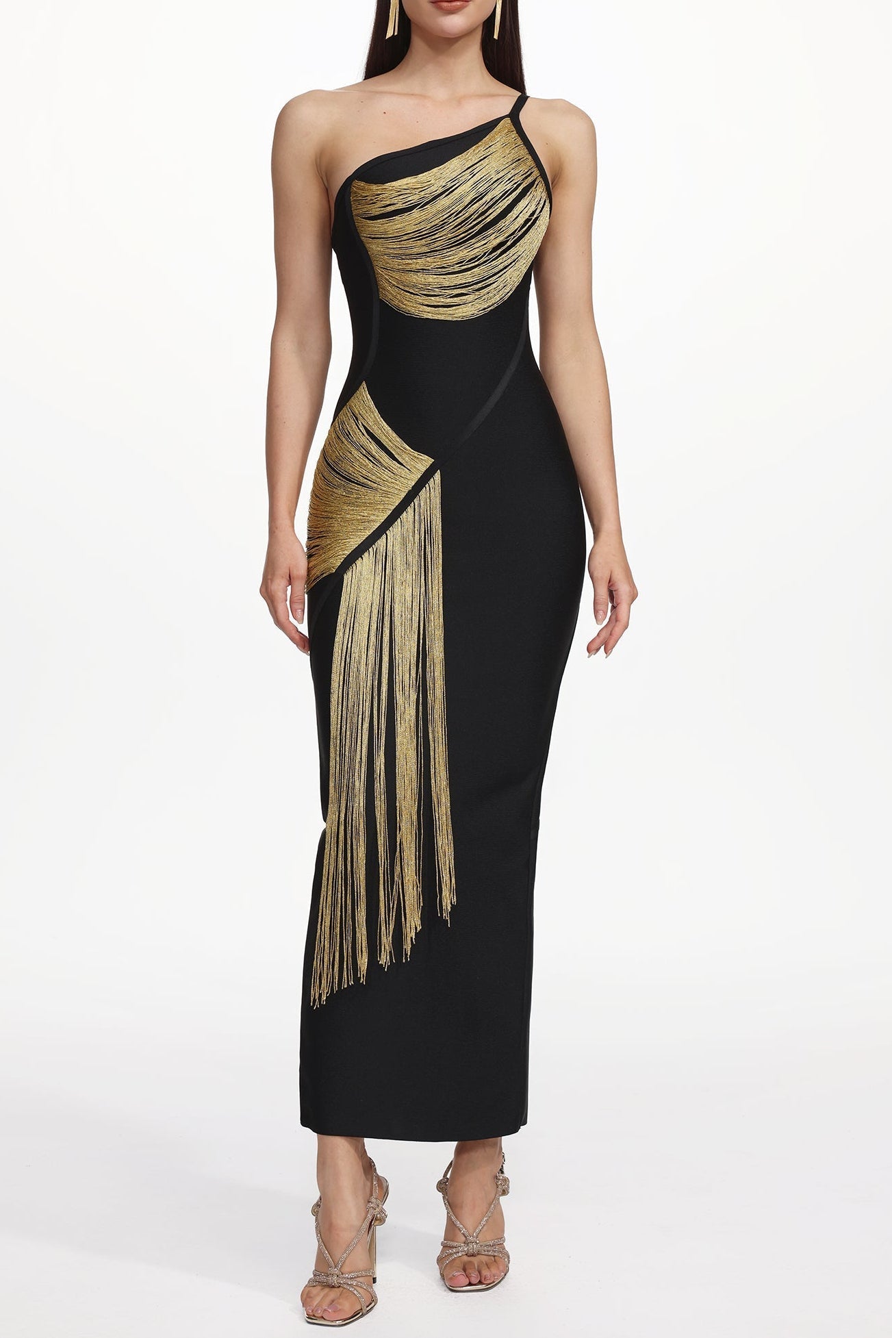 Roanna One Shoulder Sleeveless Golden Tassels Bandage Maxi Dress