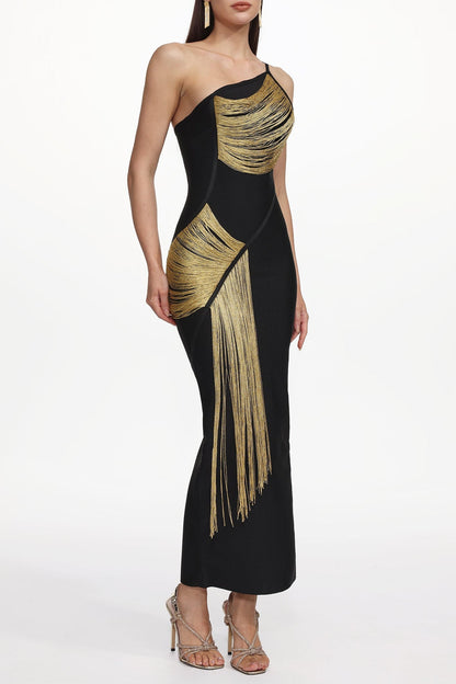 Roanna One Shoulder Sleeveless Golden Tassels Bandage Maxi Dress