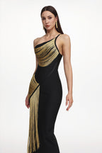 Roanna One Shoulder Sleeveless Golden Tassels Bandage Maxi Dress