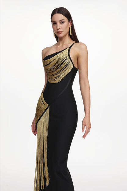 Roanna One Shoulder Sleeveless Golden Tassels Bandage Maxi Dress