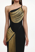 Roanna One Shoulder Sleeveless Golden Tassels Bandage Maxi Dress