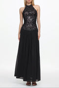 Flowering Girl Women Encho Halter Ruched Mesh Sequin Maxi Dress