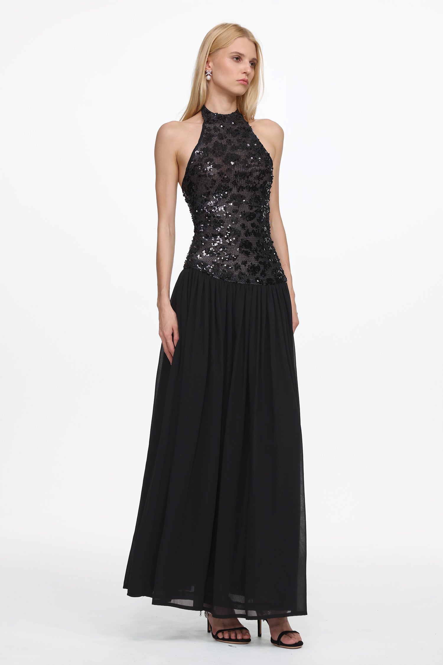 Flowering Girl Women Encho Halter Ruched Mesh Sequin Maxi Dress