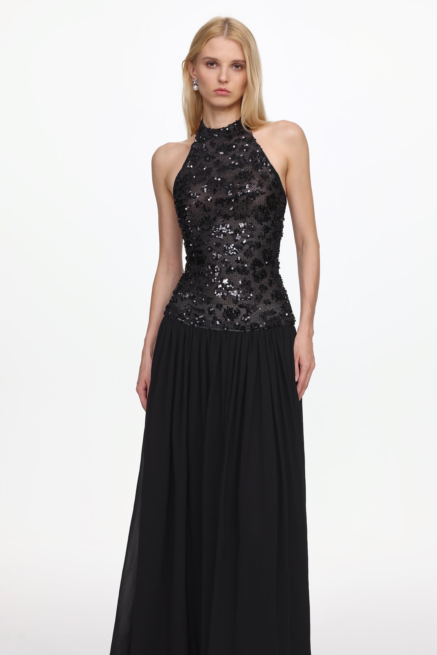 Flowering Girl Women Encho Halter Ruched Mesh Sequin Maxi Dress