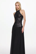 Flowering Girl Women Encho Halter Ruched Mesh Sequin Maxi Dress