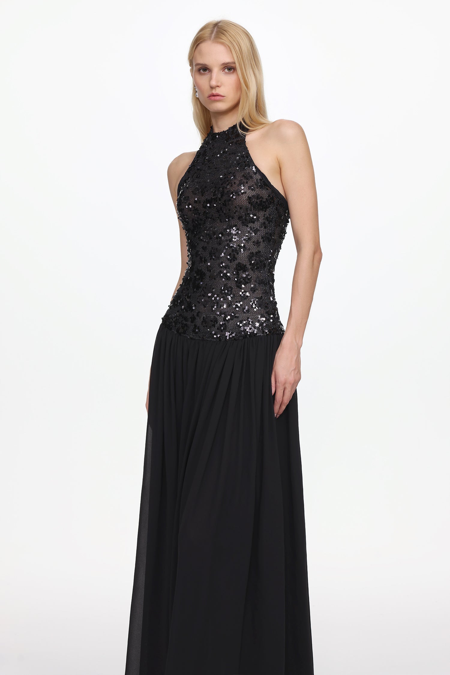 Flowering Girl Women Encho Halter Ruched Mesh Sequin Maxi Dress