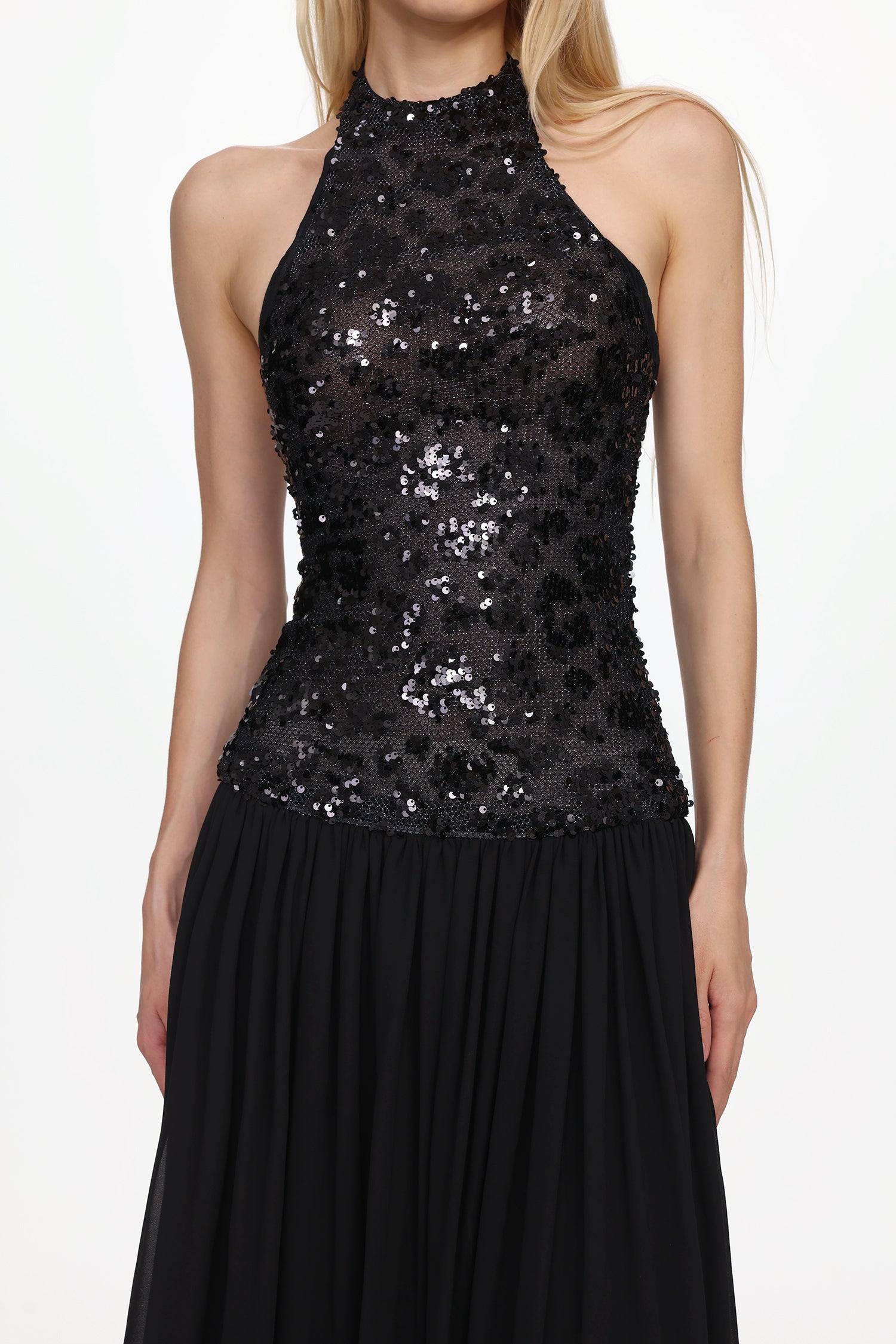 Flowering Girl Women Encho Halter Ruched Mesh Sequin Maxi Dress