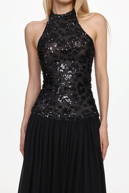 Encho Halter Ruched Mesh Sequin Maxi Dress