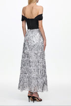 Flowering Girl Women Merrit Off Shoulder Fringe Velvet Maxi Dress