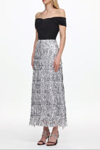 Flowering Girl Women Merrit Off Shoulder Fringe Velvet Maxi Dress