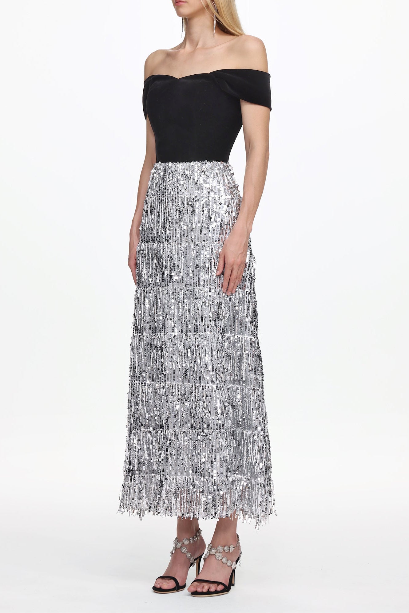 Flowering Girl Women Merrit Off Shoulder Fringe Velvet Maxi Dress