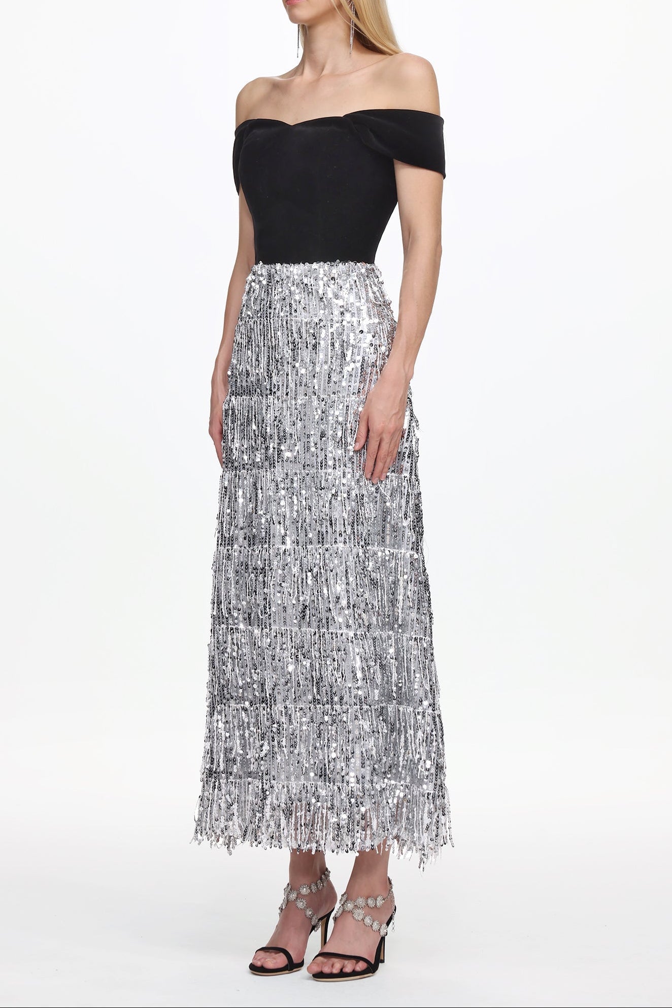 Merrit Off Shoulder Fringe Velvet Maxi Dress