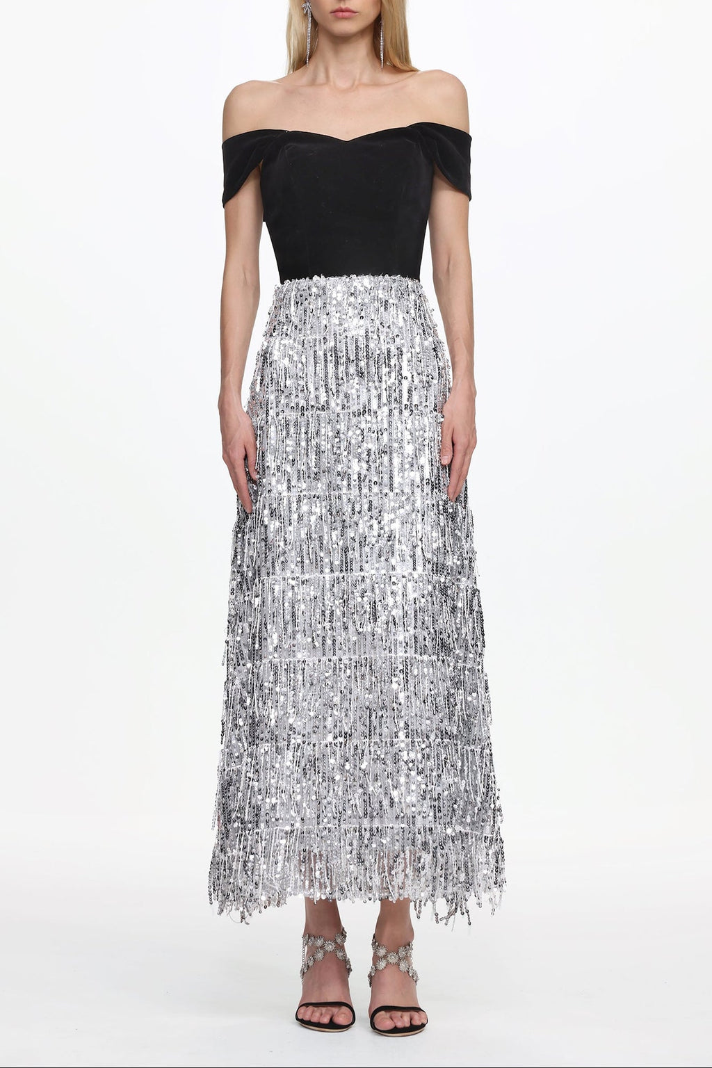 Flowering Girl Women Merrit Off Shoulder Fringe Velvet Maxi Dress