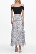 Flowering Girl Women Merrit Off Shoulder Fringe Velvet Maxi Dress