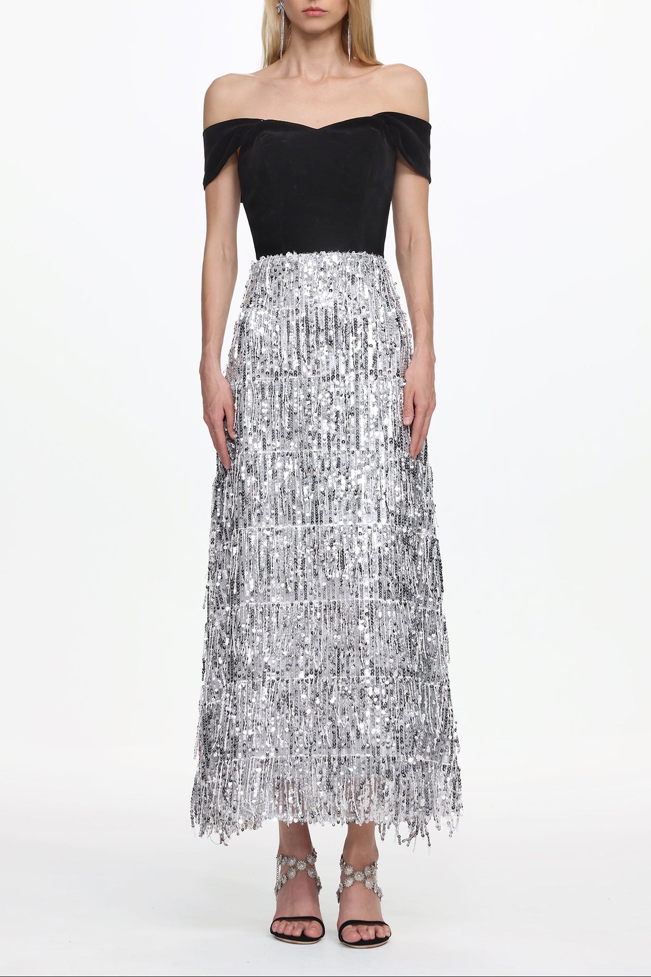Flowering Girl Women Merrit Off Shoulder Fringe Velvet Maxi Dress