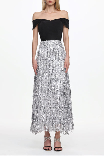 Merrit Off Shoulder Fringe Velvet Maxi Dress