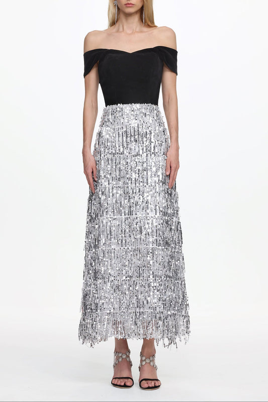 Merrit Off Shoulder Fringe Velvet Maxi Dress