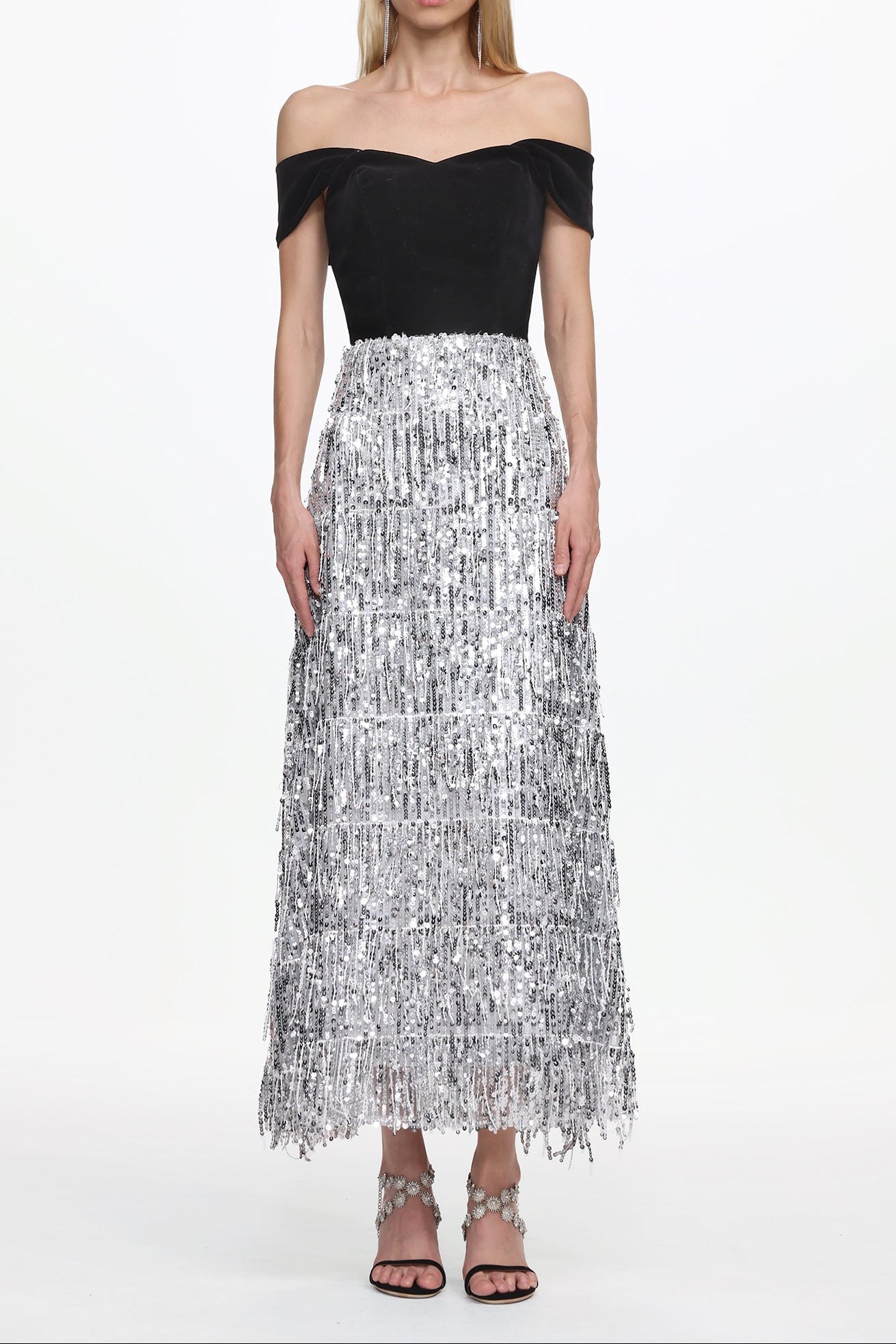 Merrit Off Shoulder Fringe Velvet Maxi Dress
