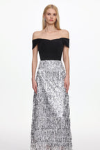 Flowering Girl Women Merrit Off Shoulder Fringe Velvet Maxi Dress