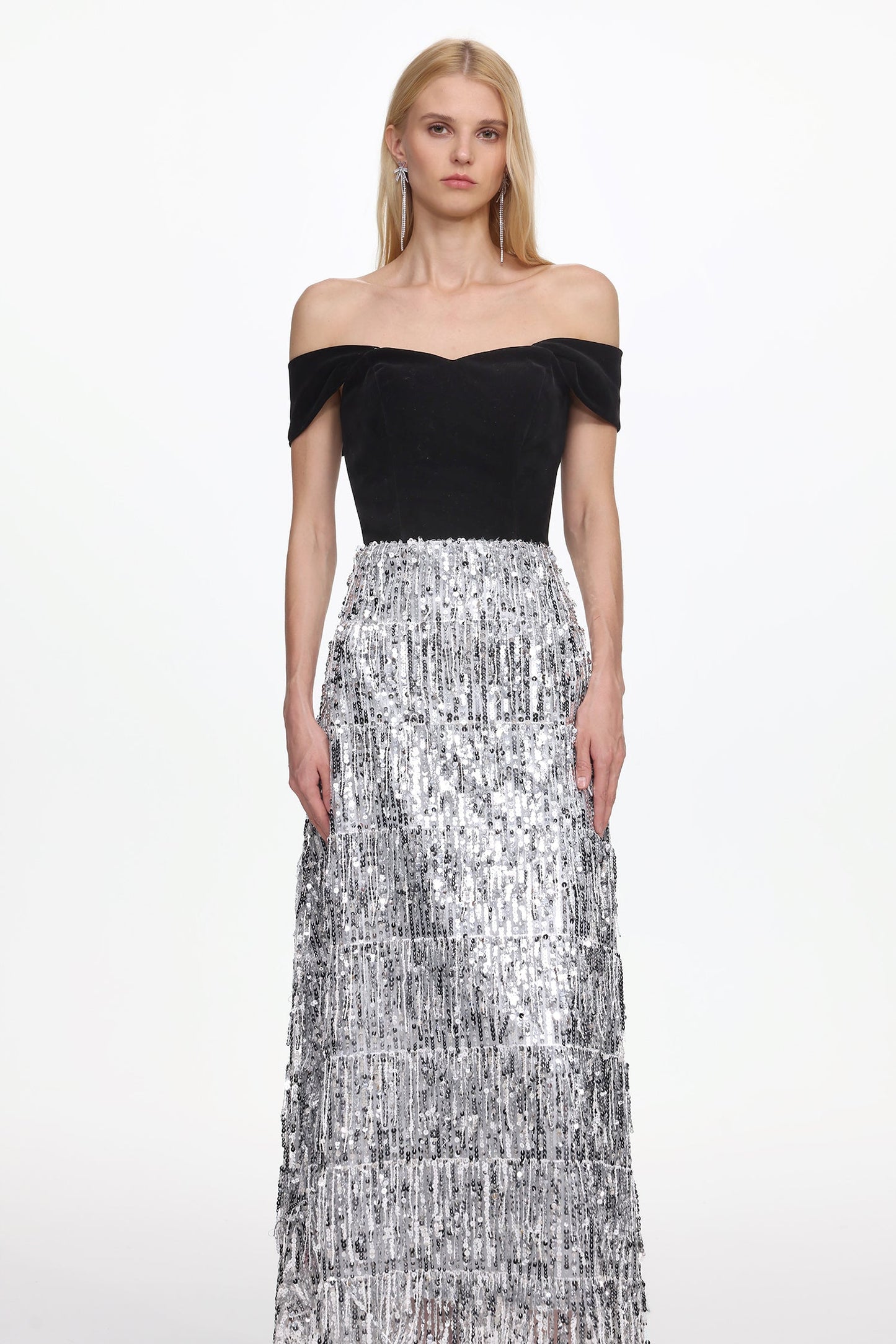 Merrit Off Shoulder Fringe Velvet Maxi Dress