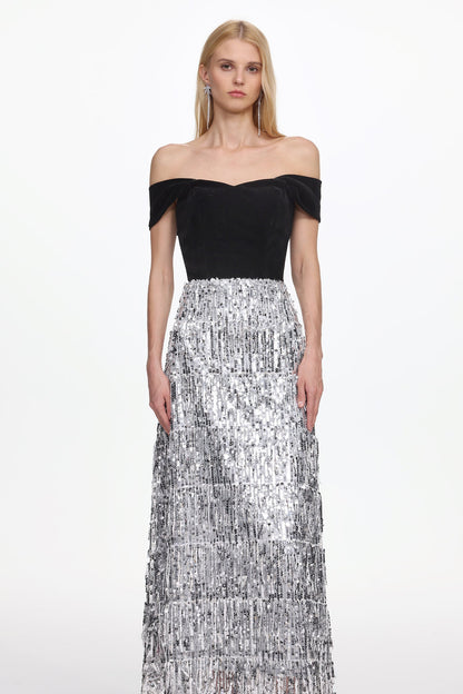 Merrit Off Shoulder Fringe Velvet Maxi Dress