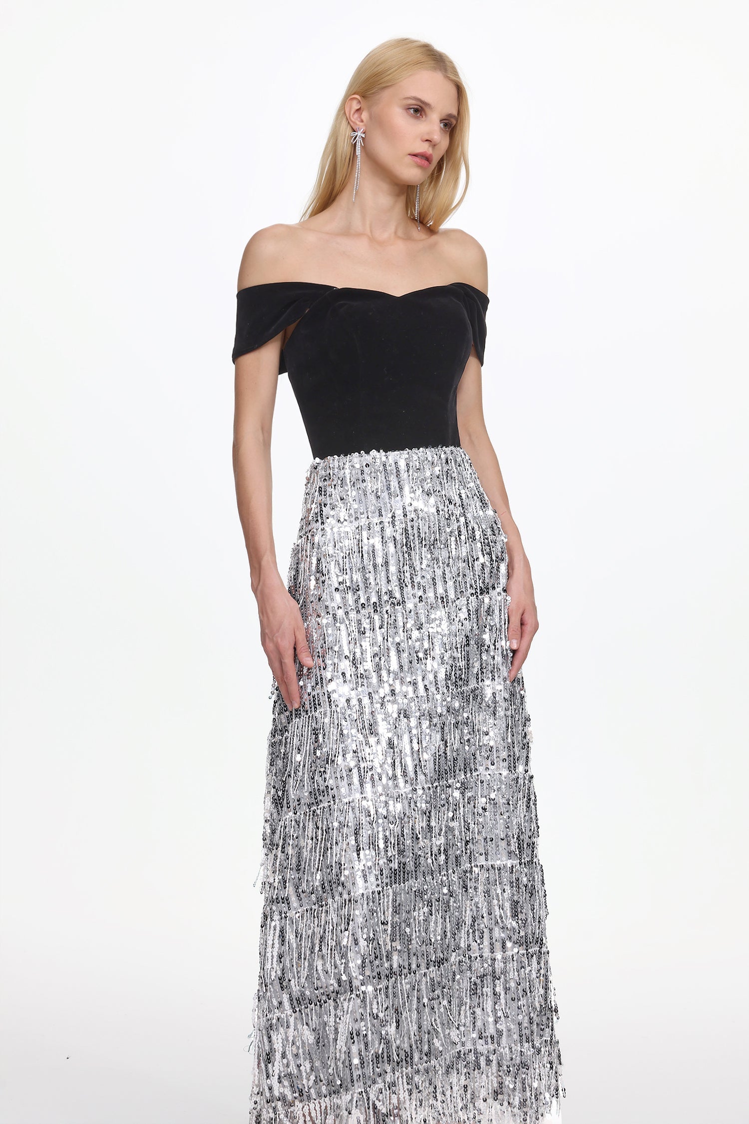 Flowering Girl Women Merrit Off Shoulder Fringe Velvet Maxi Dress