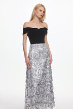 Flowering Girl Women Merrit Off Shoulder Fringe Velvet Maxi Dress