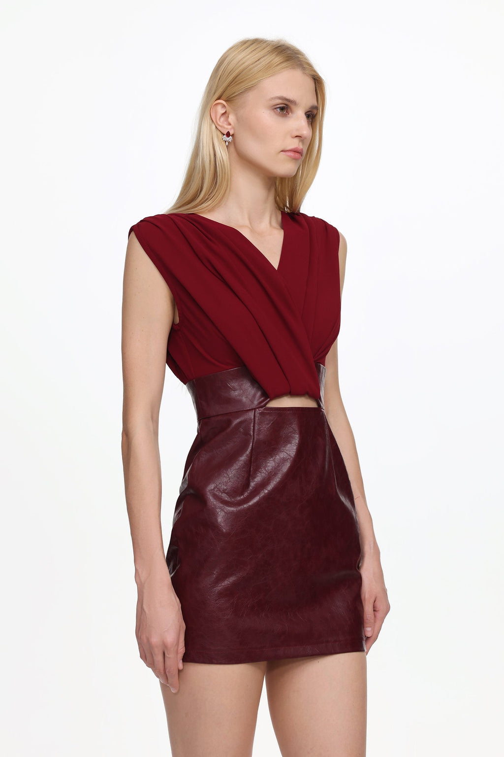 Ferina V Neck Ruched Faux Leather Mini Dress