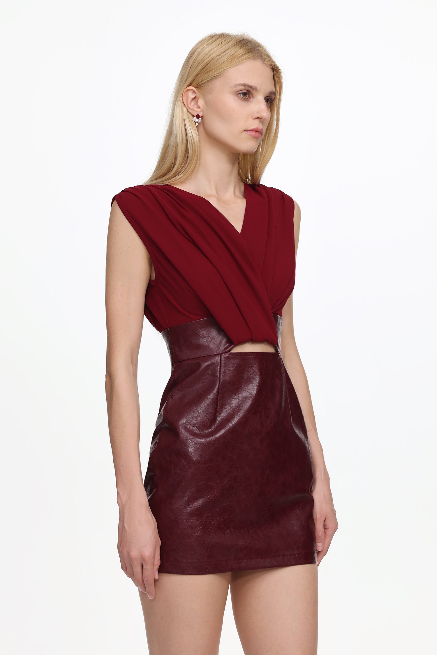 Ferina V Neck Ruched Faux Leather Mini Dress